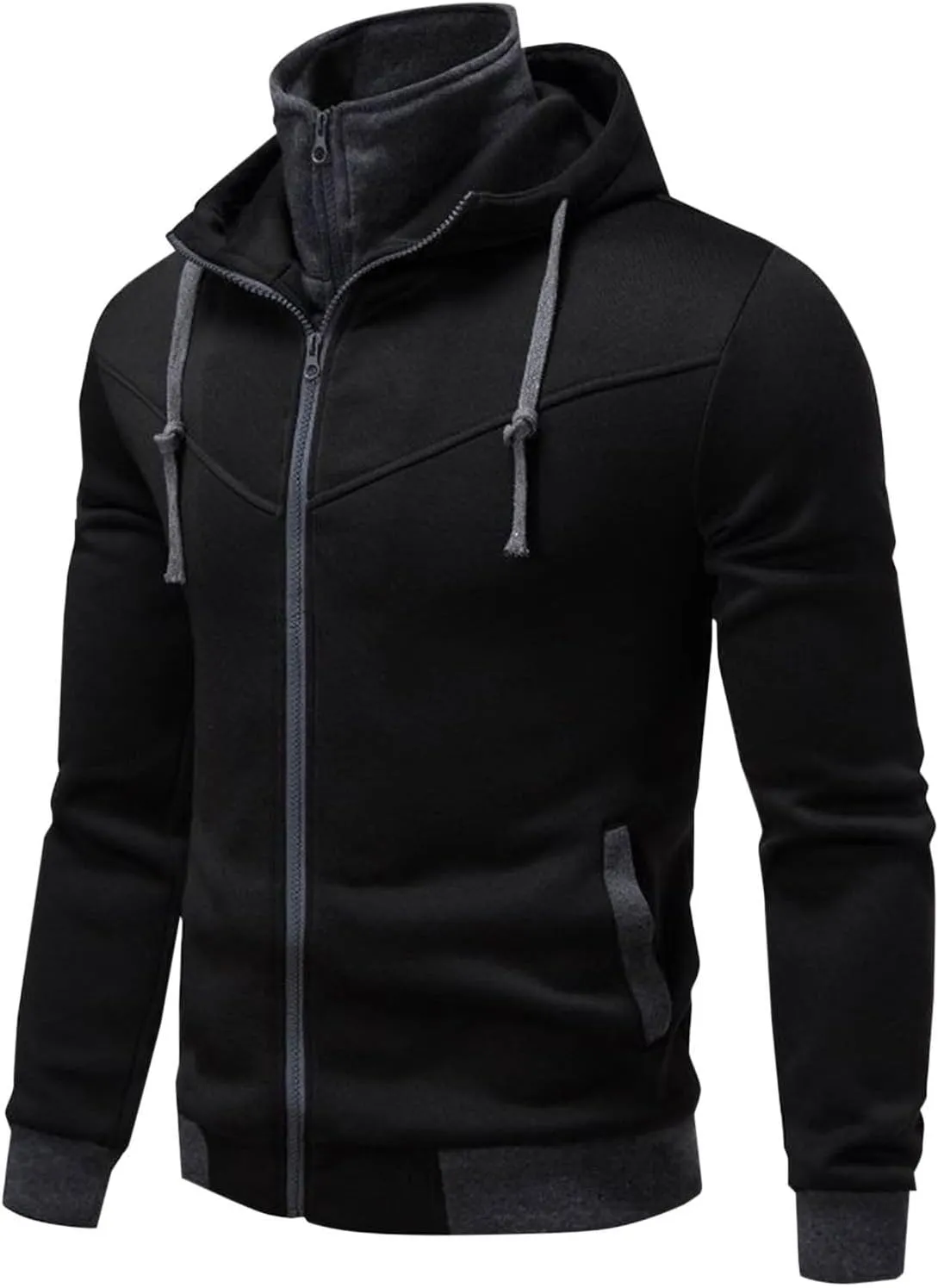 Men's Double Zipper Stand Collar Jacket Drawstring Long Sleeve Hooded Sweatshirt Fashion Casual Jacket with Pockets