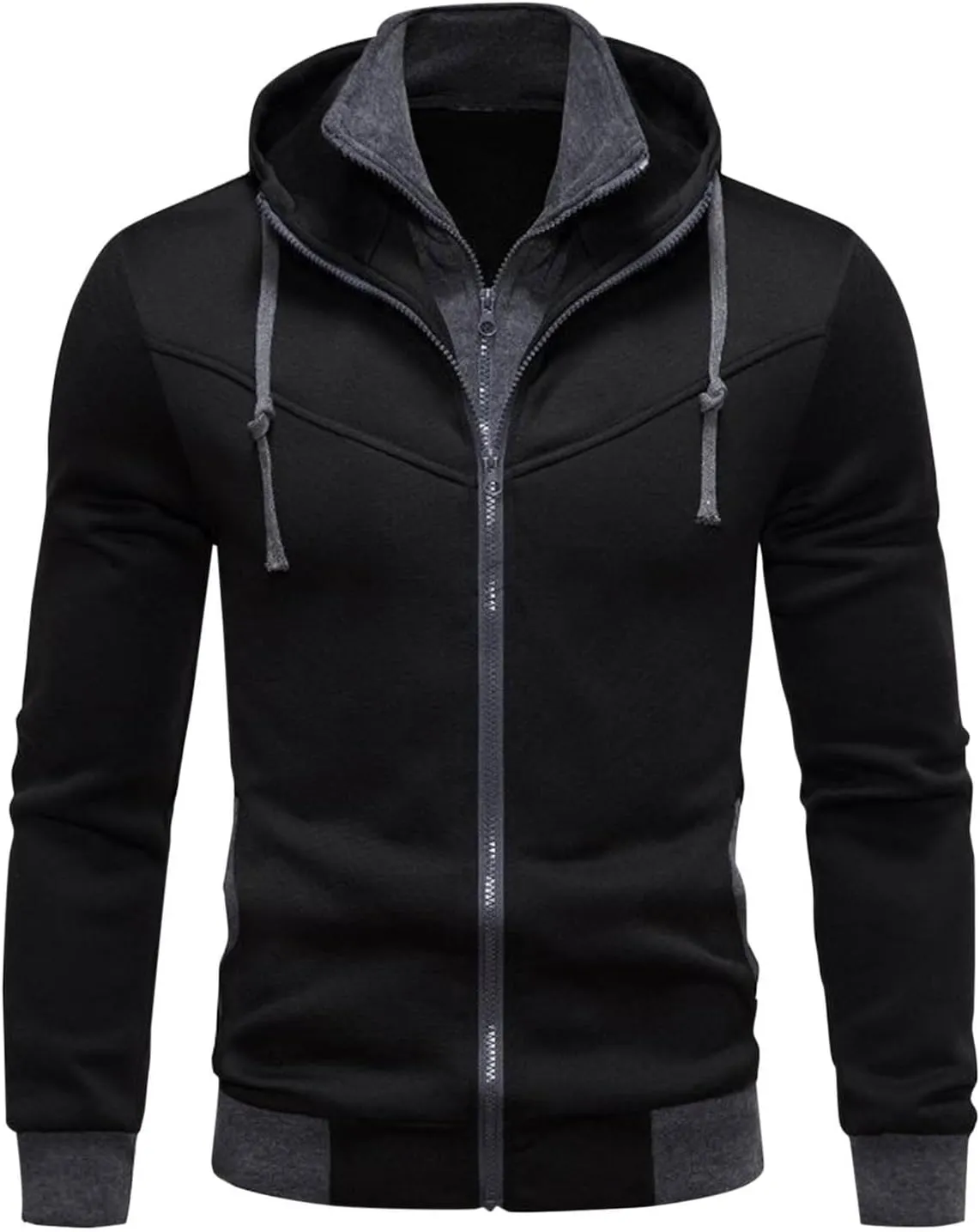 Men's Double Zipper Stand Collar Jacket Drawstring Long Sleeve Hooded Sweatshirt Fashion Casual Jacket with Pockets