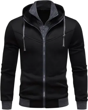 Men's Double Zipper Stand Collar Jacket Drawstring Long Sleeve Hooded Sweatshirt Fashion Casual Jacket with Pockets