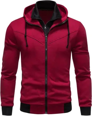 Men's Double Zipper Stand Collar Jacket Drawstring Long Sleeve Hooded Sweatshirt Fashion Casual Jacket with Pockets