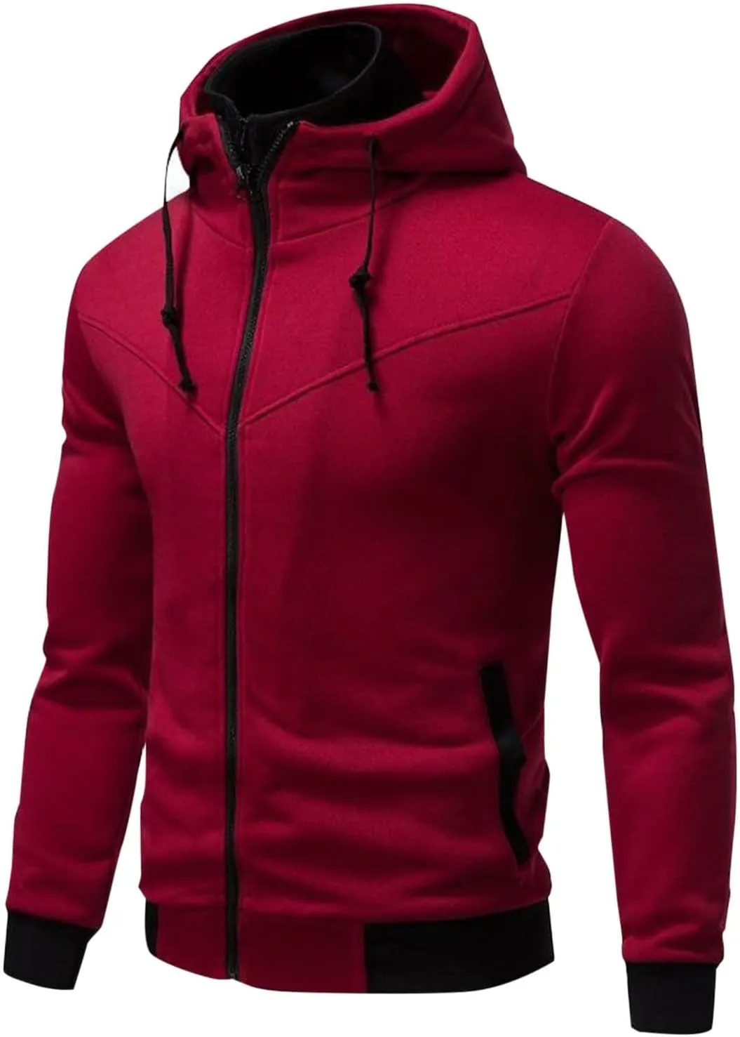 Men's Double Zipper Stand Collar Jacket Drawstring Long Sleeve Hooded Sweatshirt Fashion Casual Jacket with Pockets