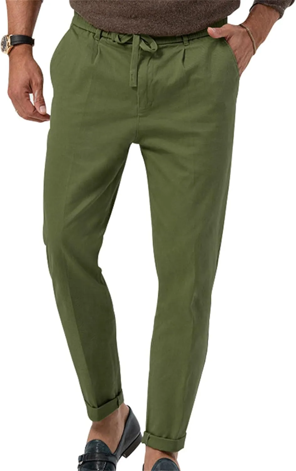 Mens Drawstring Cotton Linen Pants Comfy Drawstring Sweatpants Elastic Waist Casual Loose Business Trousers