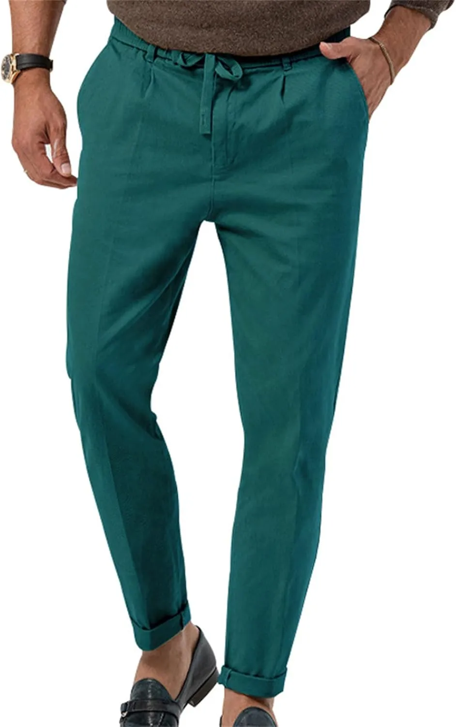 Mens Drawstring Cotton Linen Pants Comfy Drawstring Sweatpants Elastic Waist Casual Loose Business Trousers
