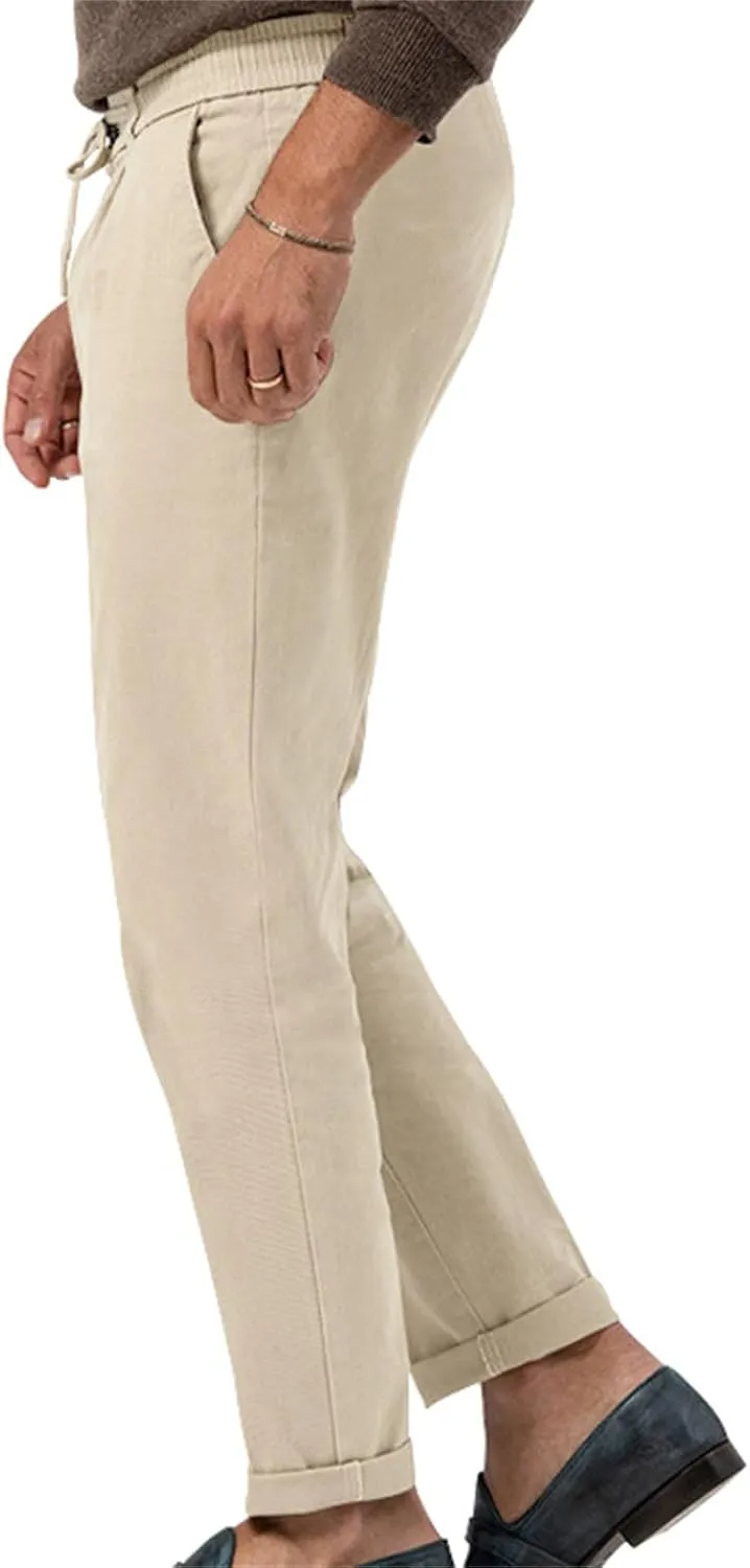 Mens Drawstring Cotton Linen Pants Comfy Drawstring Sweatpants Elastic Waist Casual Loose Business Trousers