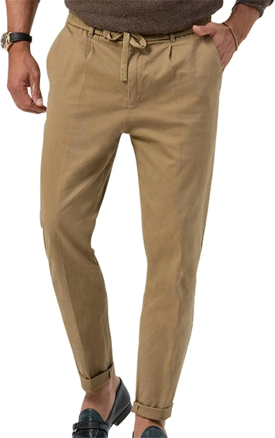 Mens Drawstring Cotton Linen Pants Comfy Drawstring Sweatpants Elastic Waist Casual Loose Business Trousers