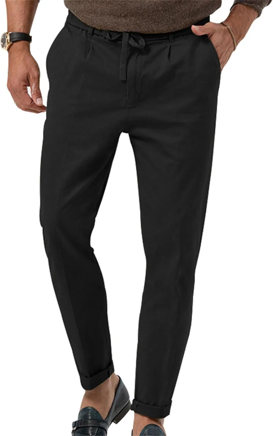 Mens Drawstring Cotton Linen Pants Comfy Drawstring Sweatpants Elastic Waist Casual Loose Business Trousers