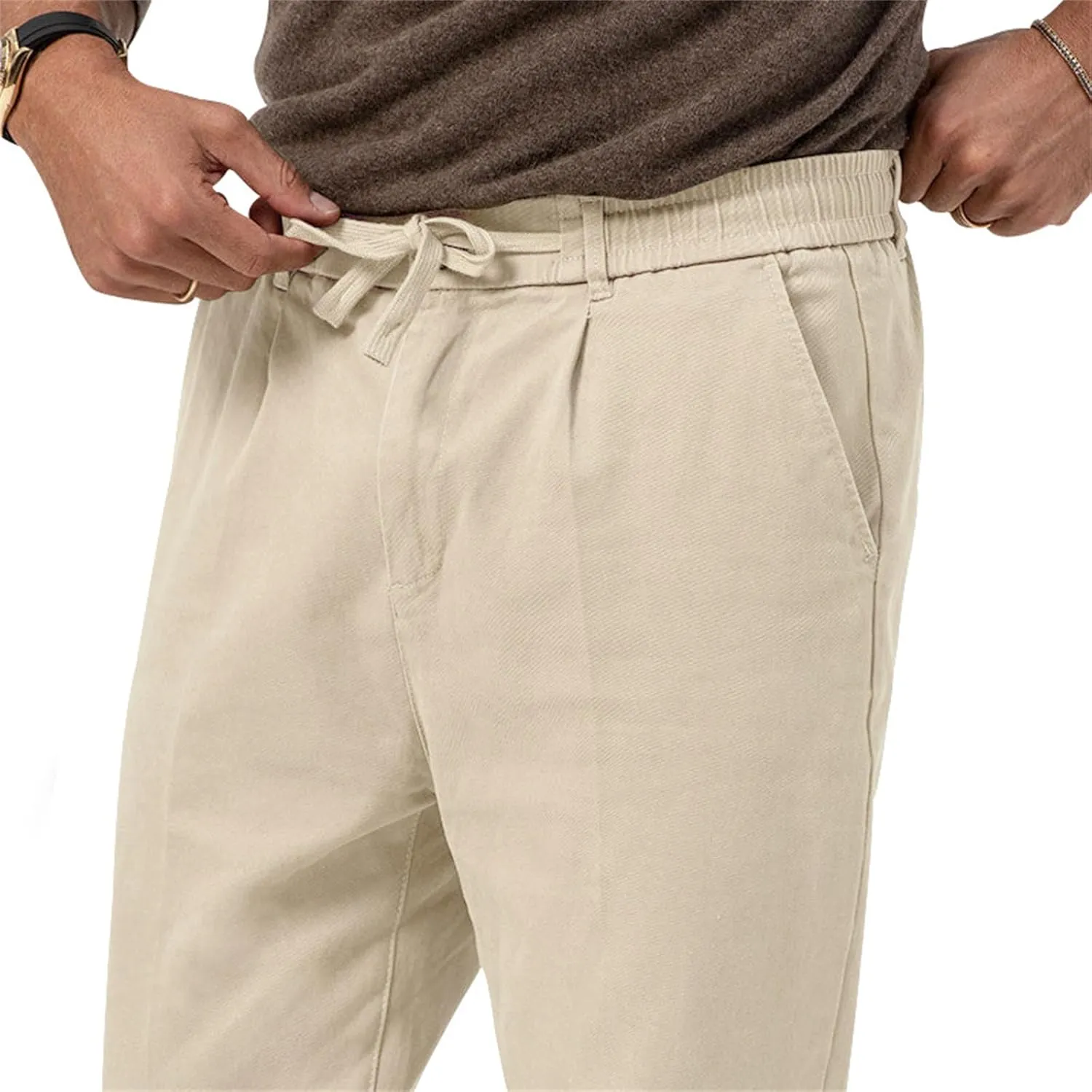 Mens Drawstring Cotton Linen Pants Comfy Drawstring Sweatpants Elastic Waist Casual Loose Business Trousers