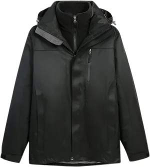 Men's Fake 2 Piece Outdoor Jacket Stand Collar Drawstring Hooded Windproof Warm Jacket Zipper Long Sleeves Coat