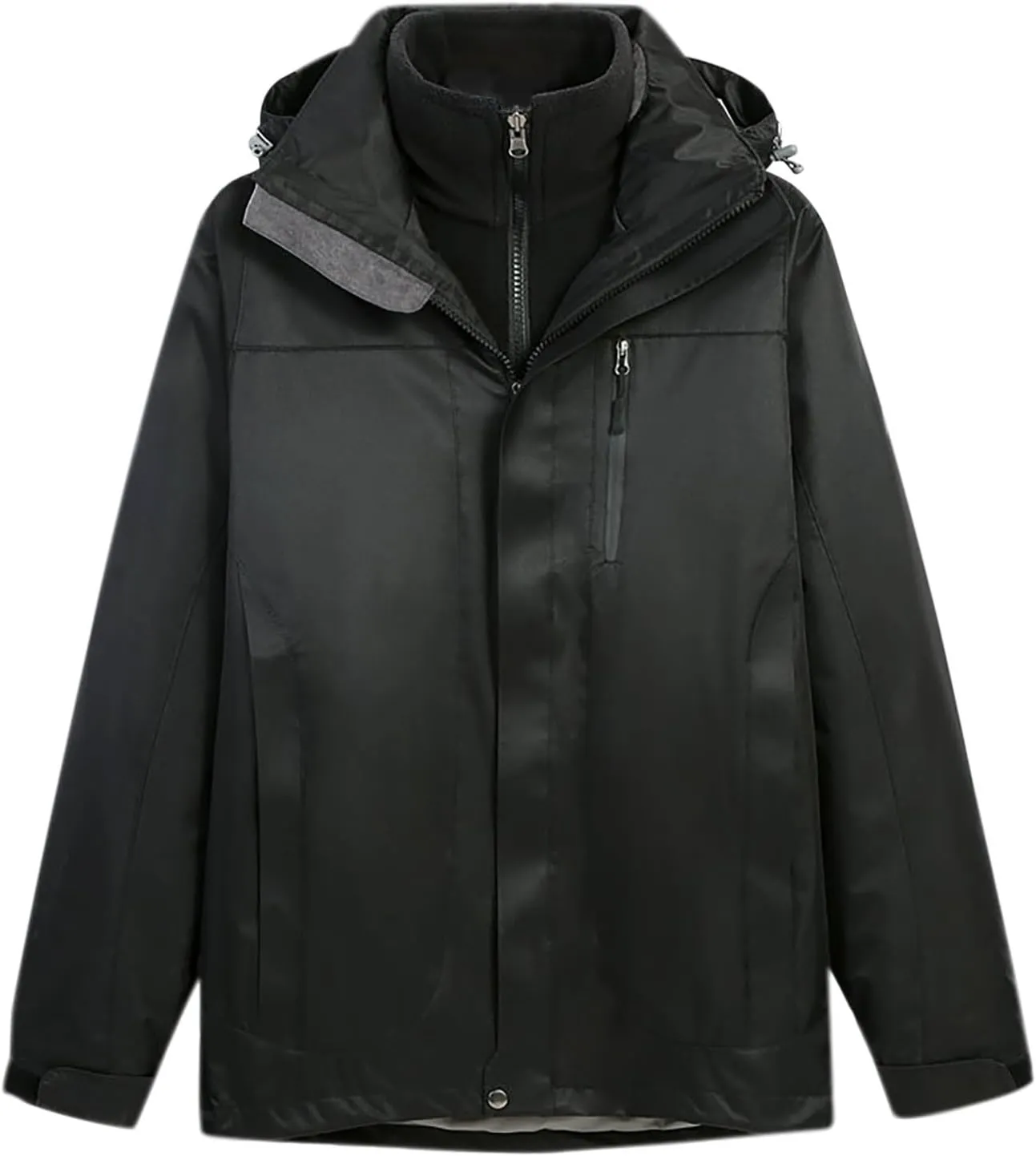 Men's Fake 2 Piece Outdoor Jacket Stand Collar Drawstring Hooded Windproof Warm Jacket Zipper Long Sleeves Coat