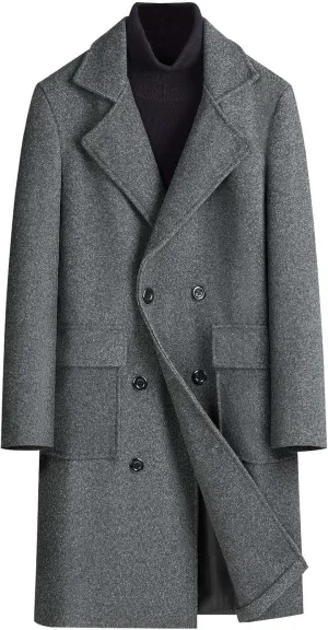 Men's Fall Winter Office Double Breasted Long Dress Wool Coat Overcoat Warm Woolen Casual Lapel Collar Trench Coats
