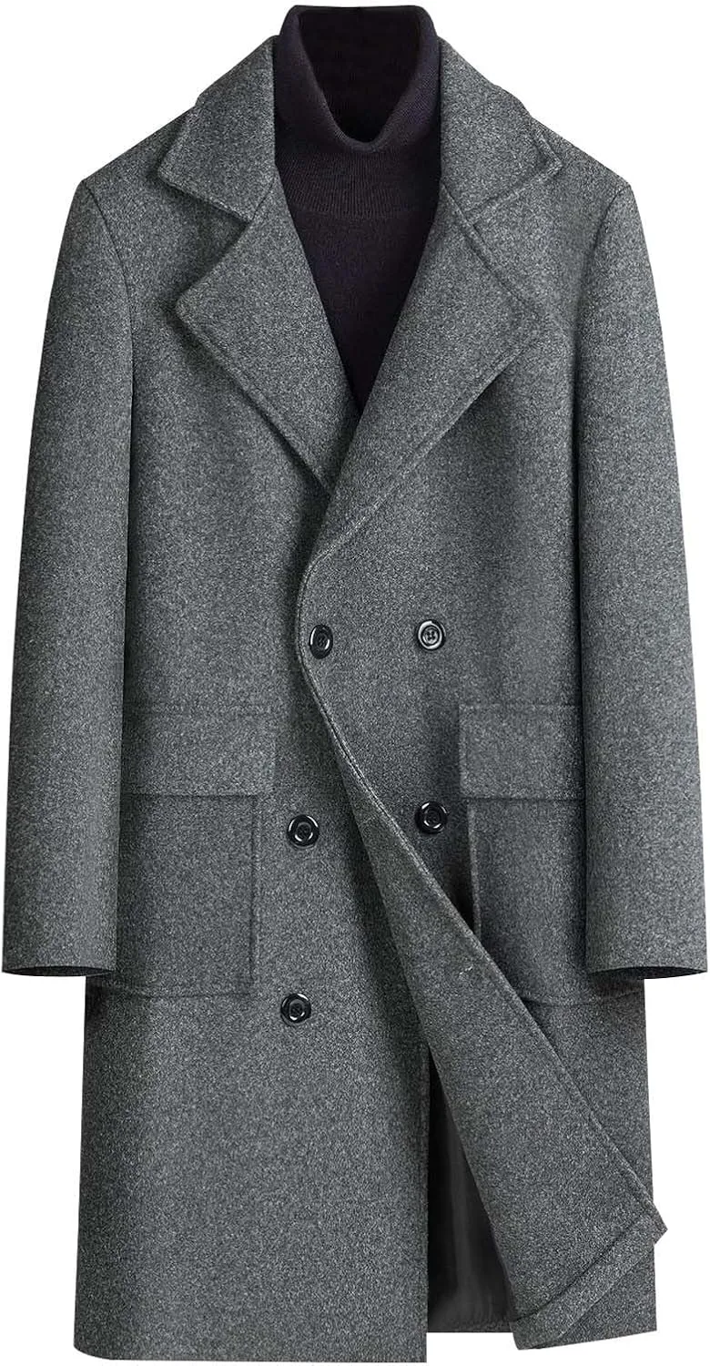 Men's Fall Winter Office Double Breasted Long Dress Wool Coat Overcoat Warm Woolen Casual Lapel Collar Trench Coats