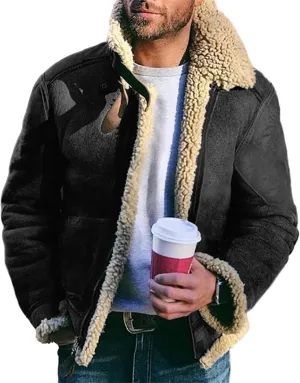 Men's Faux Leather Jacket Warm Sherpa Lined Lapel Zip-Up Motorcycle Bomber Jacket Winter Warm Thick Coat with Pocket