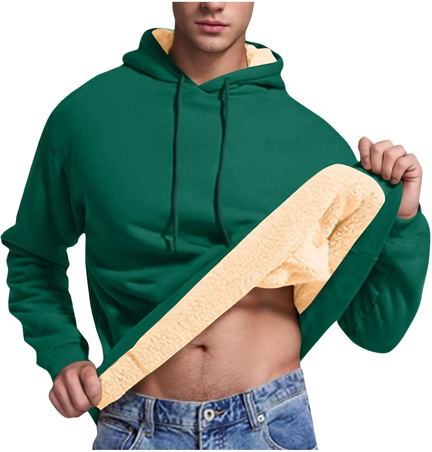 Mens Fleece Hoodie Casual Sherpa Pullover Drawstring Thick Warm Heavy Weight Hooded Sweatshirt Winter Clothes