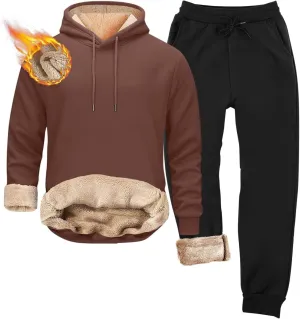 Mens Fleece Sherpa Lined Tracksuit 2 Piece Warm Hoodie Sweatshirts Sweatpants Suit Set Casual Trendy Winter Pullover
