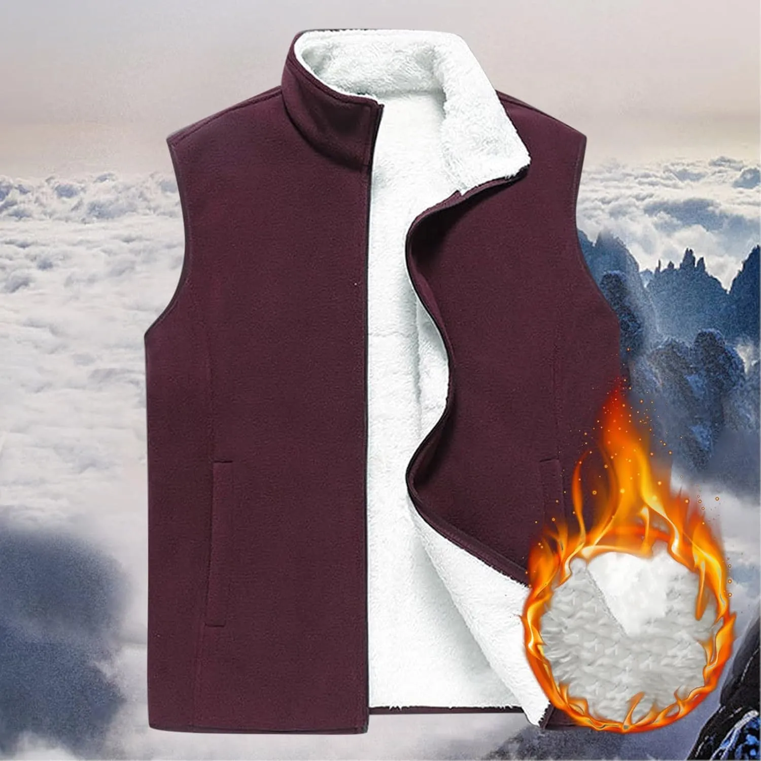 Men's Full-Zip Polar Fleece Vest Lightweight Warm Casual Sleeveless Jacket Fall & Winter Stand Collar Warm Outerwear