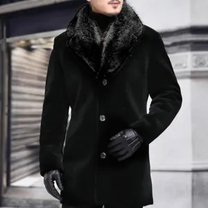 Mens Fur Collar Trench Coat Winter Casual Single Breasted Overcoat Classic Wool Blend Business Peacoat