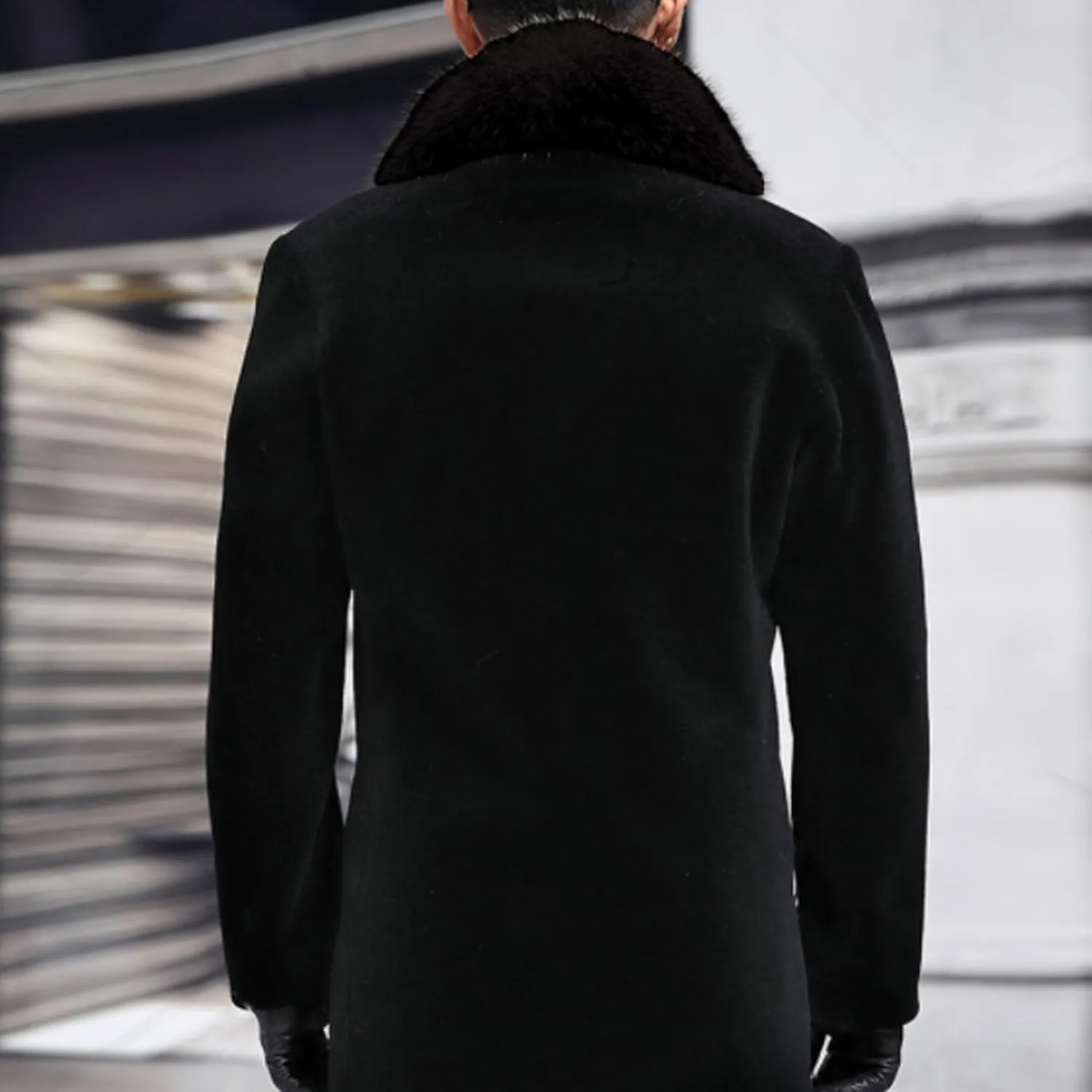 Mens Fur Collar Trench Coat Winter Casual Single Breasted Overcoat Classic Wool Blend Business Peacoat