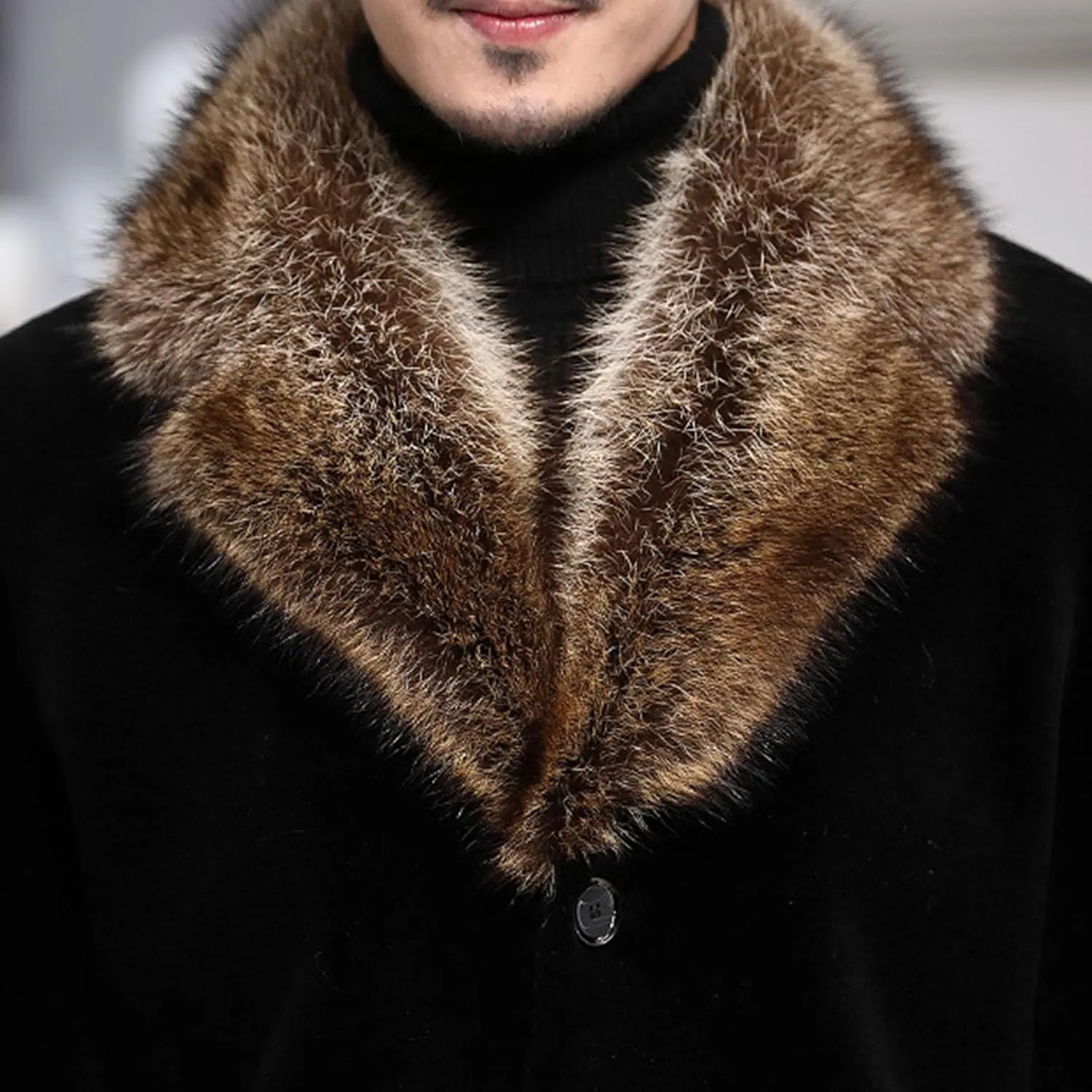Mens Fur Collar Trench Coat Winter Casual Single Breasted Overcoat Classic Wool Blend Business Peacoat