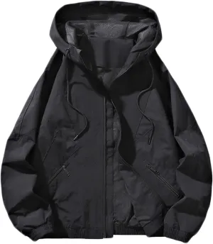 Men's Hooded Jacket Zipper Lightweight Waterproof Outdoor Raincoat Jacket for Hiking Travel Rain Jacket with Pockets