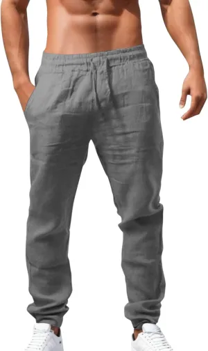 Mens Linen Drawstring Pants Elastic Waist Lightweight Trouser Casual Straight-Leg Yoga Summer Beach Pants