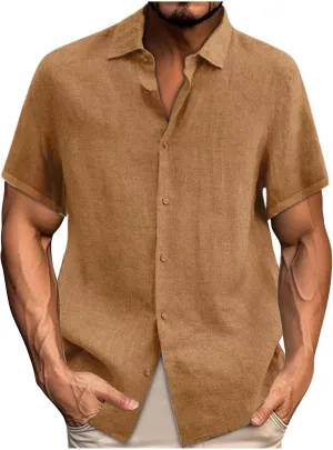 Mens Linen Shirts Casual Fashion Short Sleeve Button Down Shirt Loose Fit Solid Cotton Linen Summer Beach Outfits