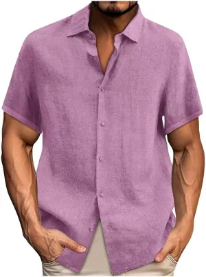 Mens Linen Shirts Casual Fashion Short Sleeve Button Down Shirt Loose Fit Solid Cotton Linen Summer Beach Outfits
