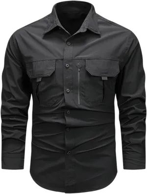 Mens Military Shirts Lightweight Tactical Work Shirt Cotton Button Cargo Shirt Loose Fit Outdoor Hiking Fishing Shirt