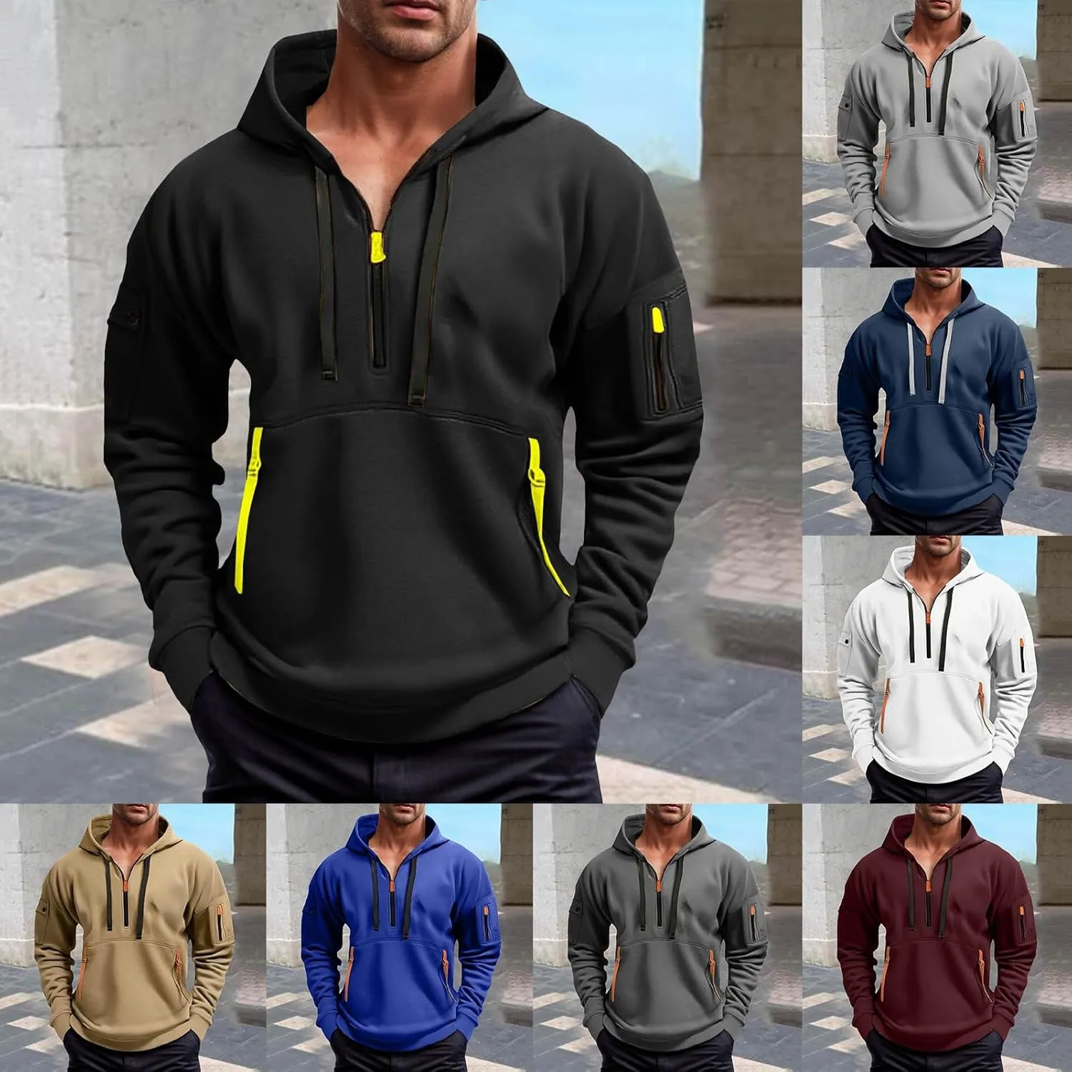 Men's Quarter Zip Pullover Men Long Sleeve Workout Hoodie Vintage Tactical Jacket Winter Sweater Coats
