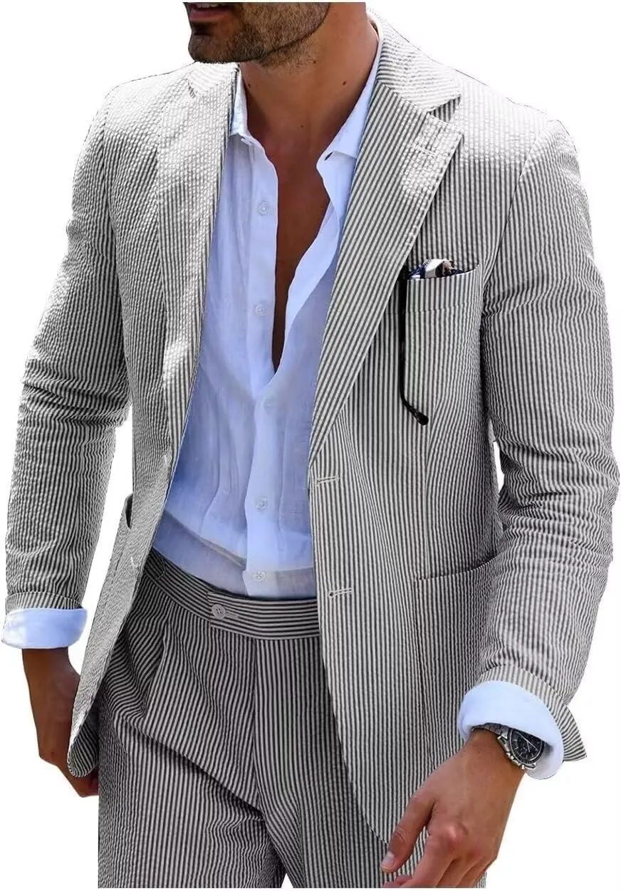 Mens Seersucker Suits Grooms Sear Sucker Suit for Summer Wedding Mens Formal Suits Slim Fit