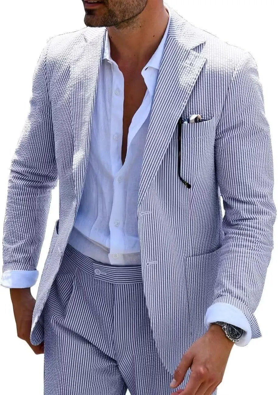 Mens Seersucker Suits Grooms Sear Sucker Suit for Summer Wedding Mens Formal Suits Slim Fit