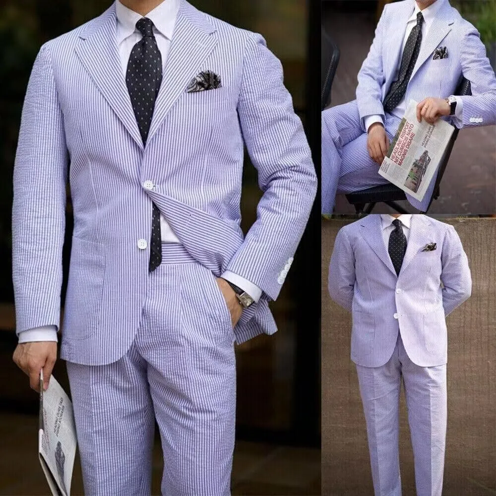Mens Seersucker Suits Grooms Sear Sucker Suit for Summer Wedding Mens Formal Suits Slim Fit