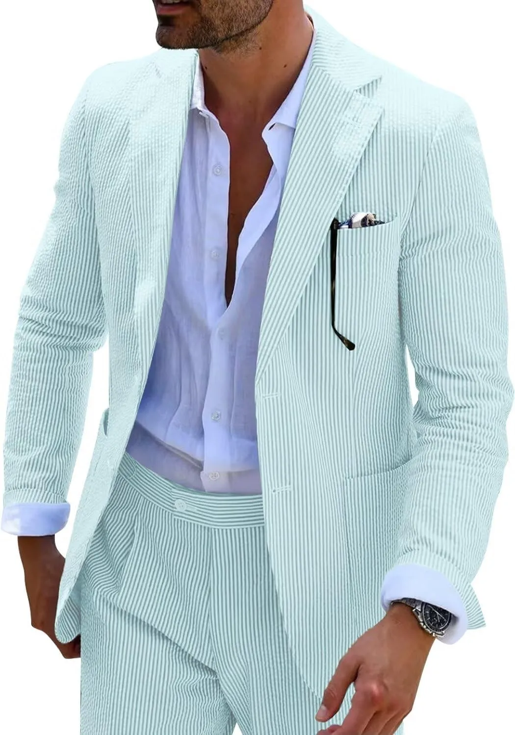 Mens Seersucker Suits Grooms Sear Sucker Suit for Summer Wedding Mens Formal Suits Slim Fit