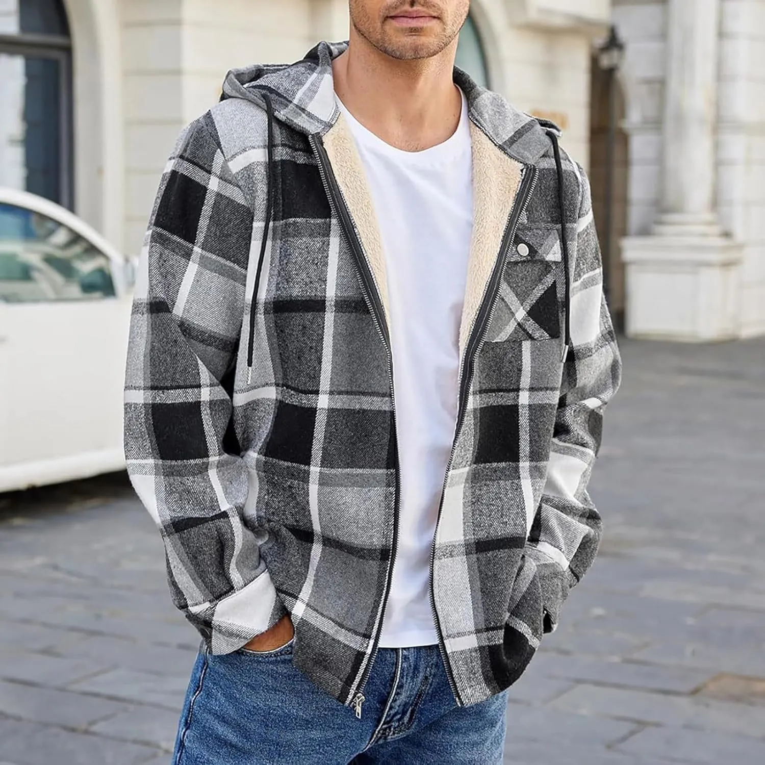 Mens Sherpa Hoodie Full-Zip Fleece Casual Sweatshirt Heavyweight Thick Warm Hooded