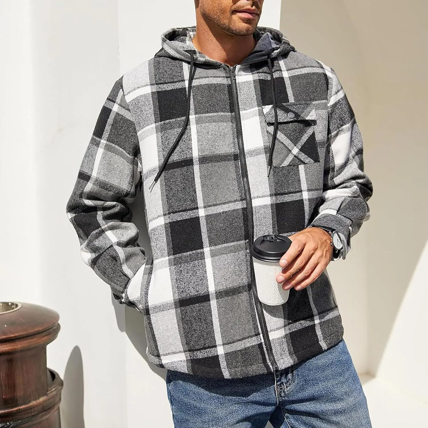 Mens Sherpa Hoodie Full-Zip Fleece Casual Sweatshirt Heavyweight Thick Warm Hooded