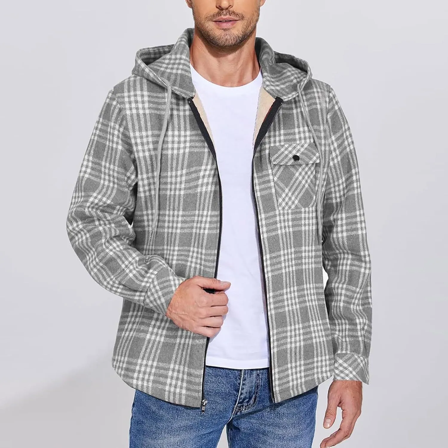 Mens Sherpa Hoodie Full-Zip Fleece Casual Sweatshirt Heavyweight Thick Warm Hooded