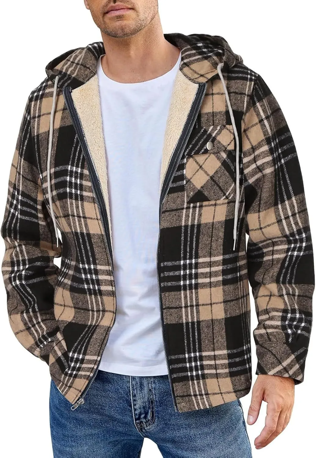 Mens Sherpa Hoodie Full-Zip Fleece Casual Sweatshirt Heavyweight Thick Warm Hooded