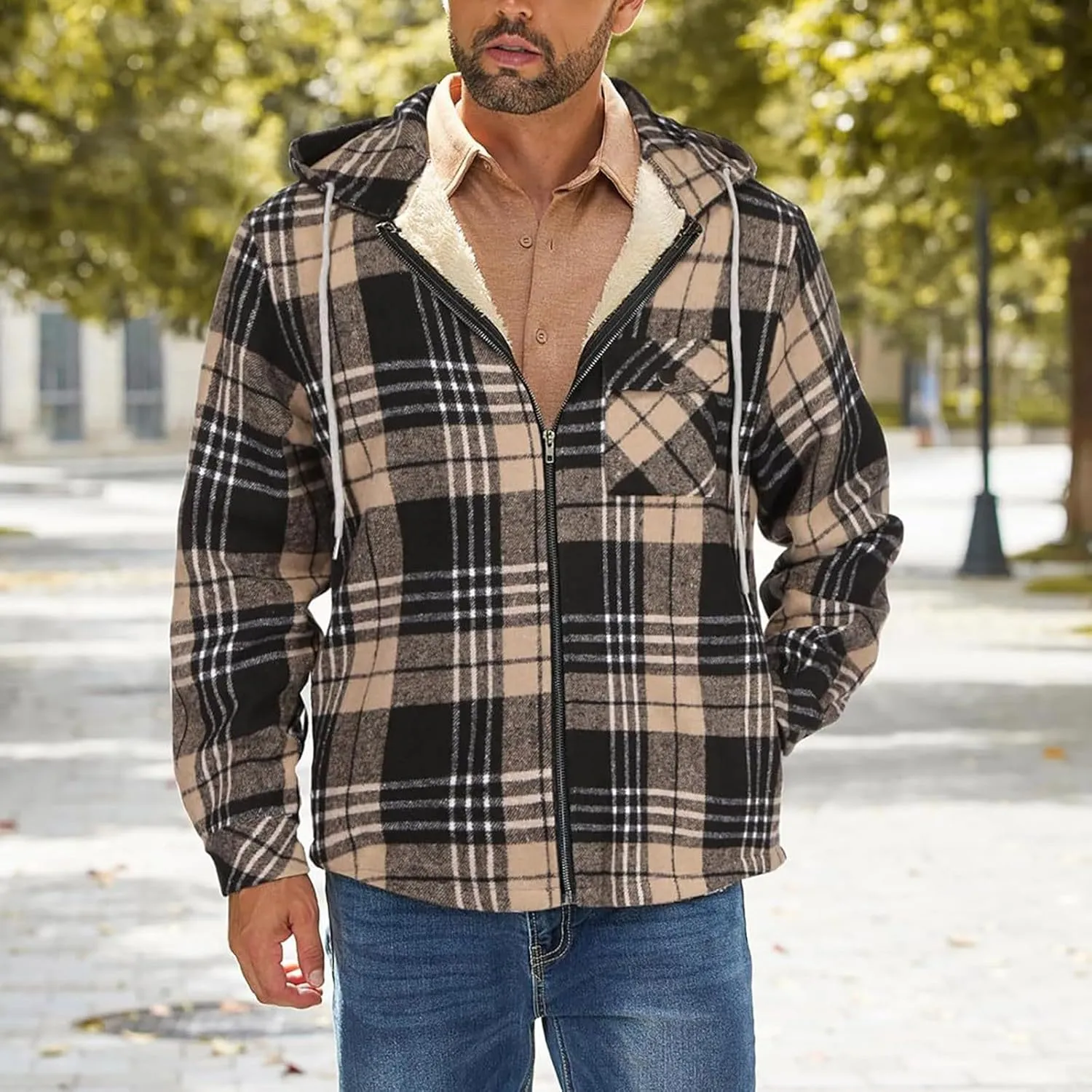 Mens Sherpa Hoodie Full-Zip Fleece Casual Sweatshirt Heavyweight Thick Warm Hooded