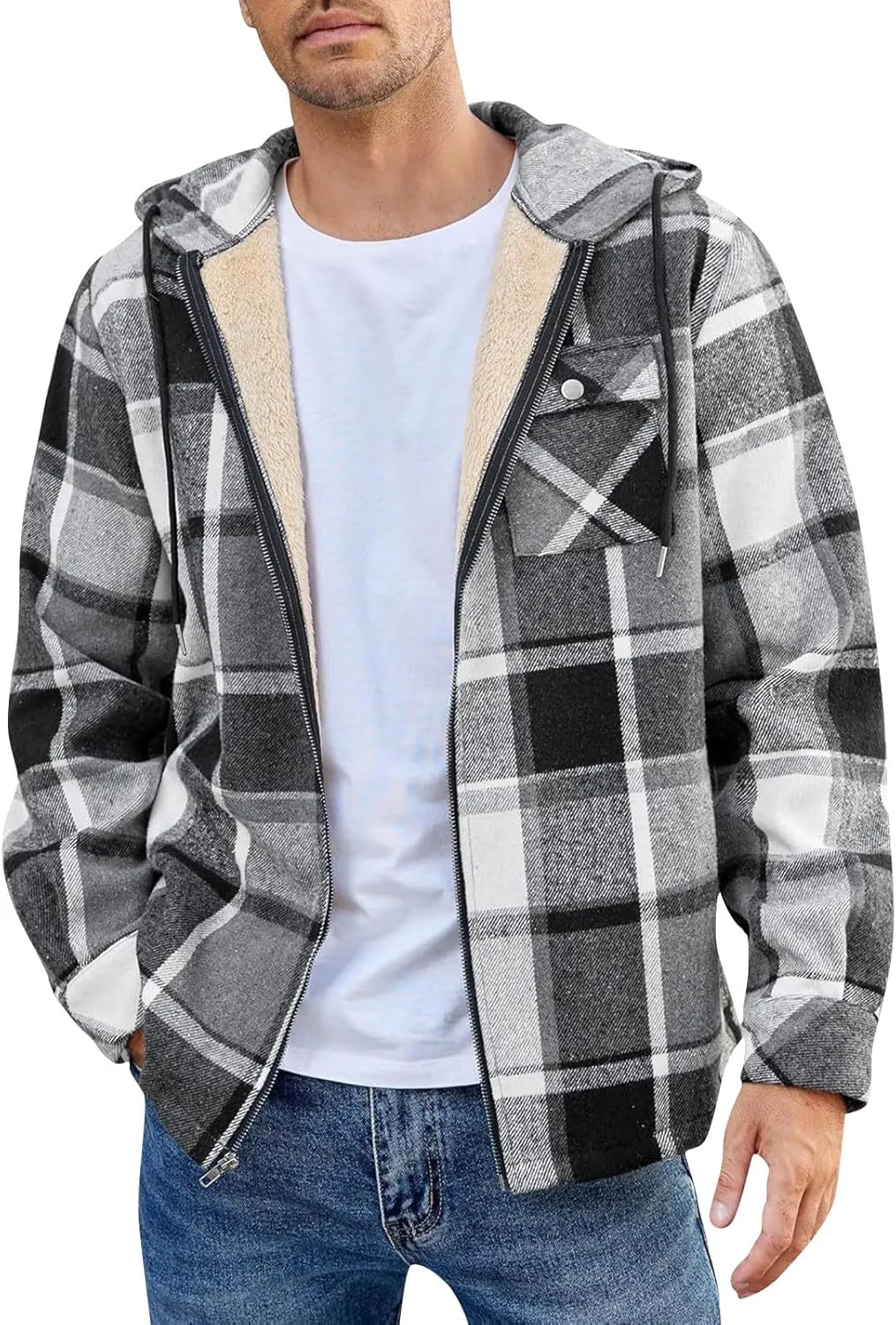 Mens Sherpa Hoodie Full-Zip Fleece Casual Sweatshirt Heavyweight Thick Warm Hooded