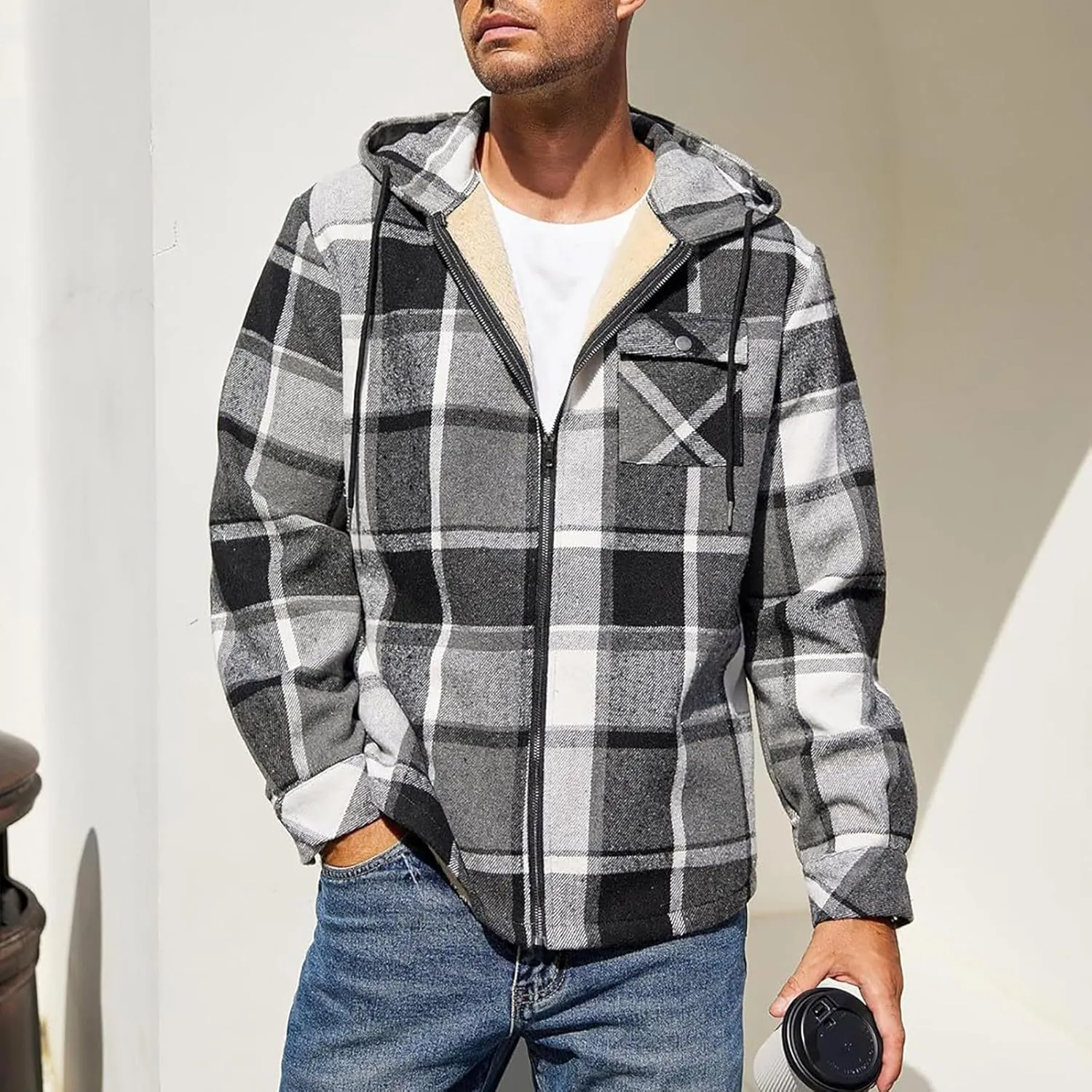 Mens Sherpa Hoodie Full-Zip Fleece Casual Sweatshirt Heavyweight Thick Warm Hooded
