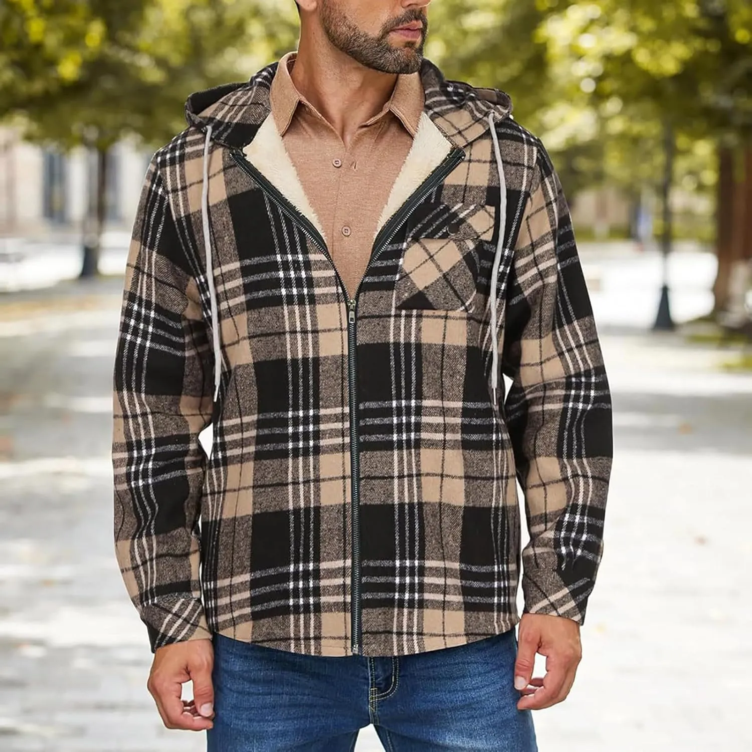 Mens Sherpa Hoodie Full-Zip Fleece Casual Sweatshirt Heavyweight Thick Warm Hooded