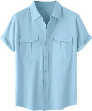 Men's Shirts Casual Cotton Linen Button Down T-Shirt Summer Fashion Short Sleeve Solid Linen Shirt Loose Fit Tops