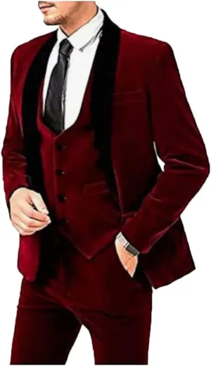 Men's Slim Fit 3 Pieces Velvet Suits Shawl Lapel Wedding Suits Groom Tuxedos Winter Suits