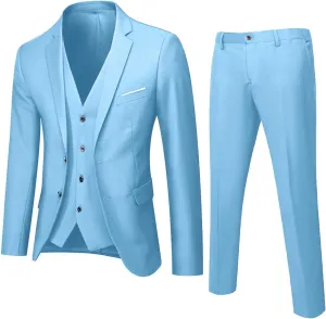 Men's Slim Fit Blue 3 Piece Suit Set - Blazer, Vest, Pants - Wedding, Business, Prom, Tuxedo Suits