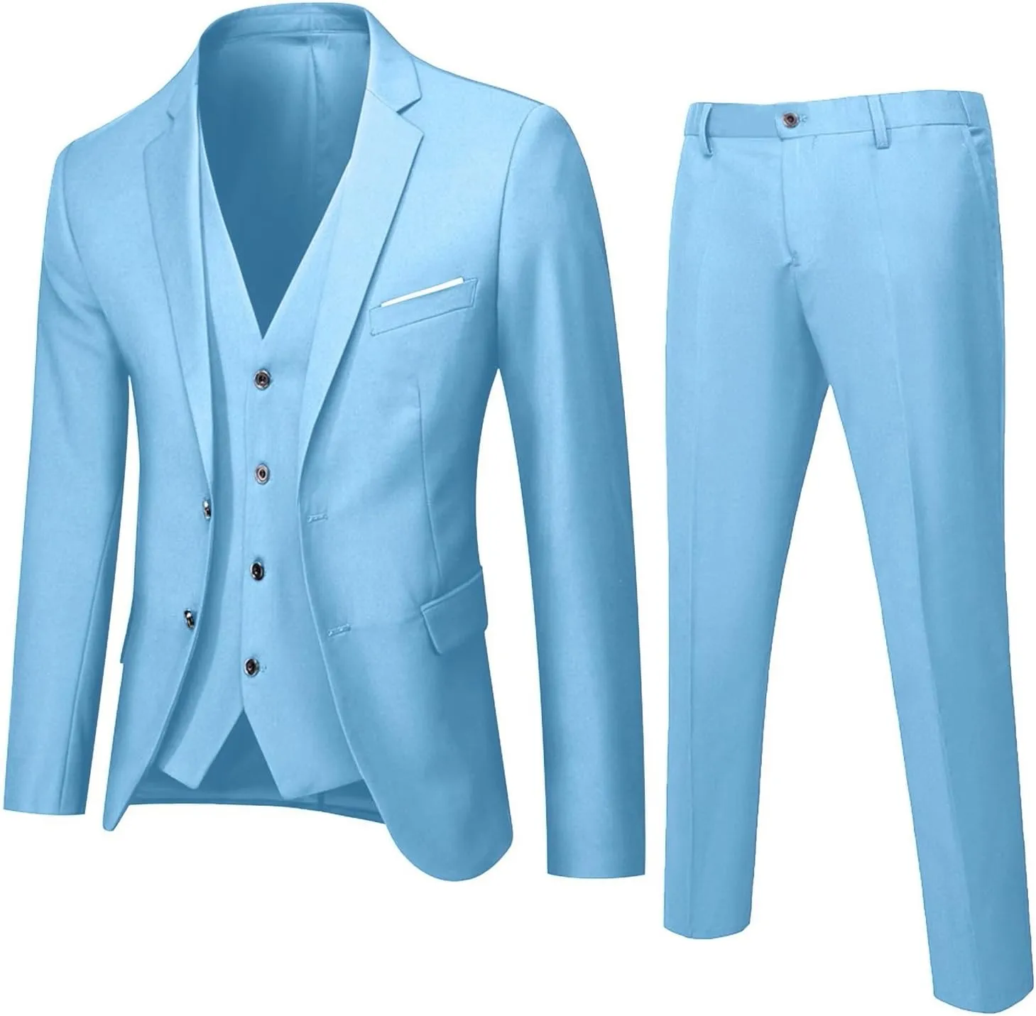 Men's Slim Fit Blue 3 Piece Suit Set - Blazer, Vest, Pants - Wedding, Business, Prom, Tuxedo Suits