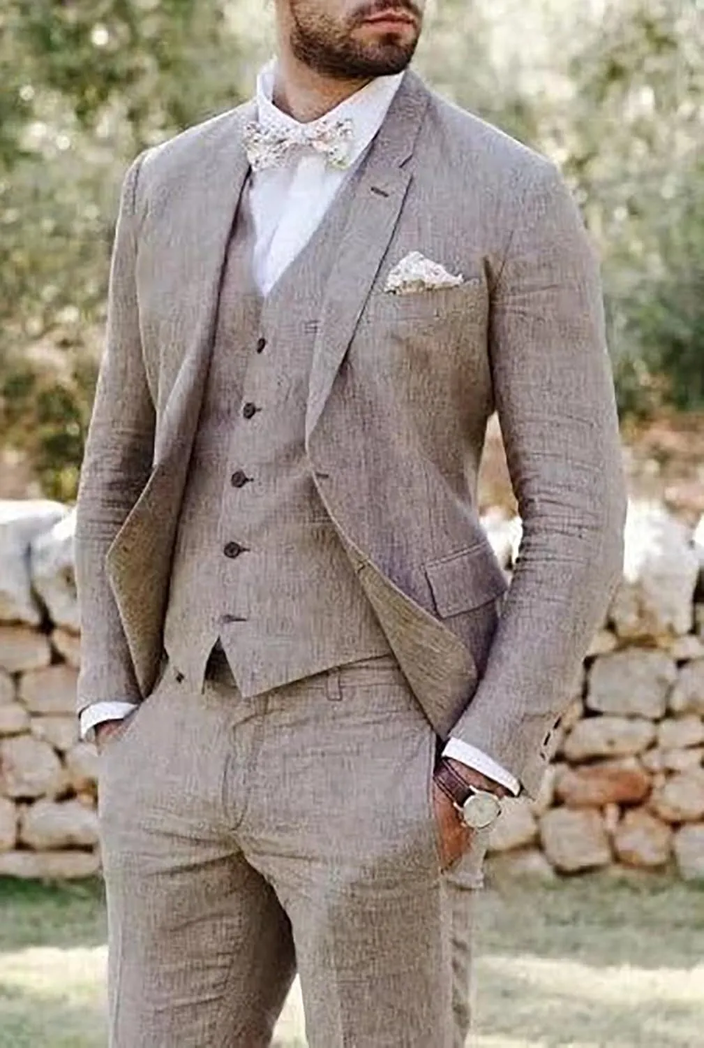 Mens Suit Slim Fit - 3 Piece Suits for Men Linen Blazer Wedding Suits