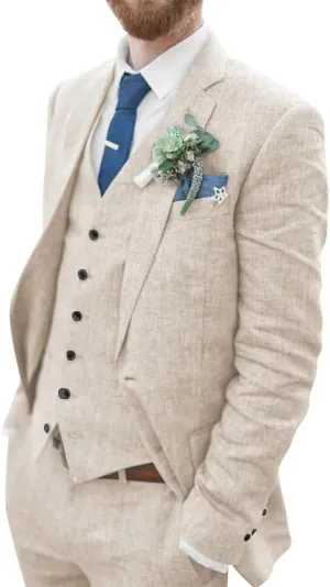 Mens Suit Slim Fit - 3 Piece Suits for Men Linen Blazer Wedding Suits