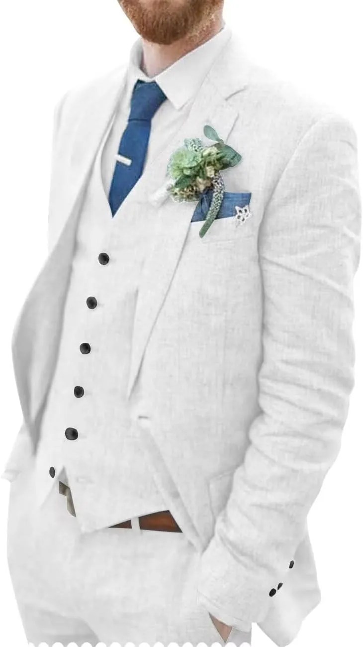 Mens Suit Slim Fit - 3 Piece Suits for Men Linen Blazer Wedding Suits