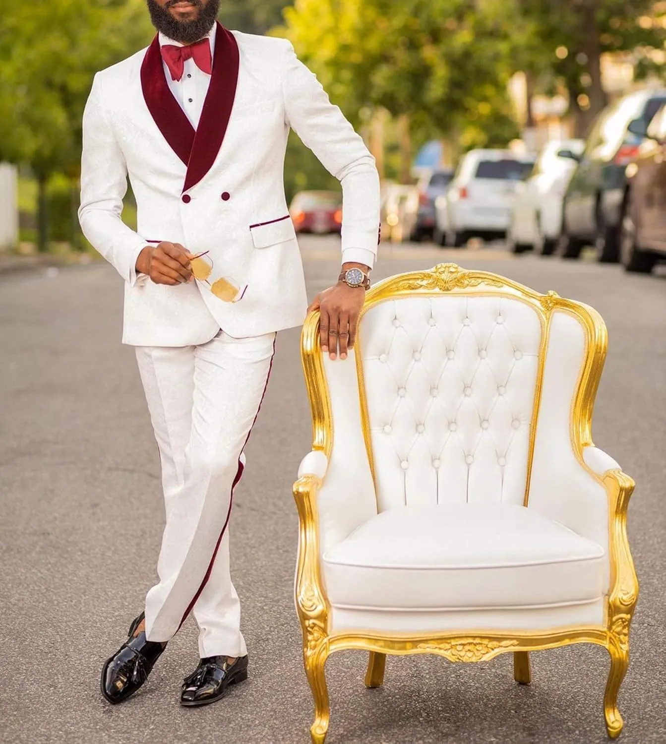 Men's Suits 2 Pieces Slim Fit Patterned Tuxedos Casual Groomsmen Jacquard Wedding Suits (Blazer Pants)