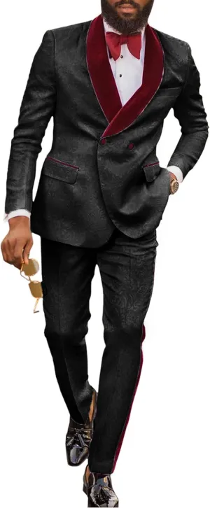 Men's Suits 2 Pieces Slim Fit Patterned Tuxedos Casual Groomsmen Jacquard Wedding Suits (Blazer Pants)