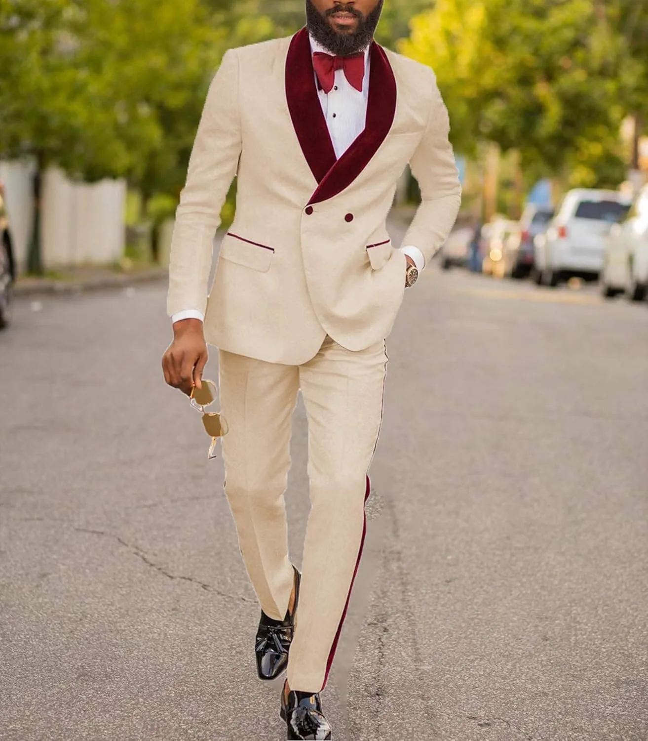 Men's Suits 2 Pieces Slim Fit Patterned Tuxedos Casual Groomsmen Jacquard Wedding Suits (Blazer Pants)